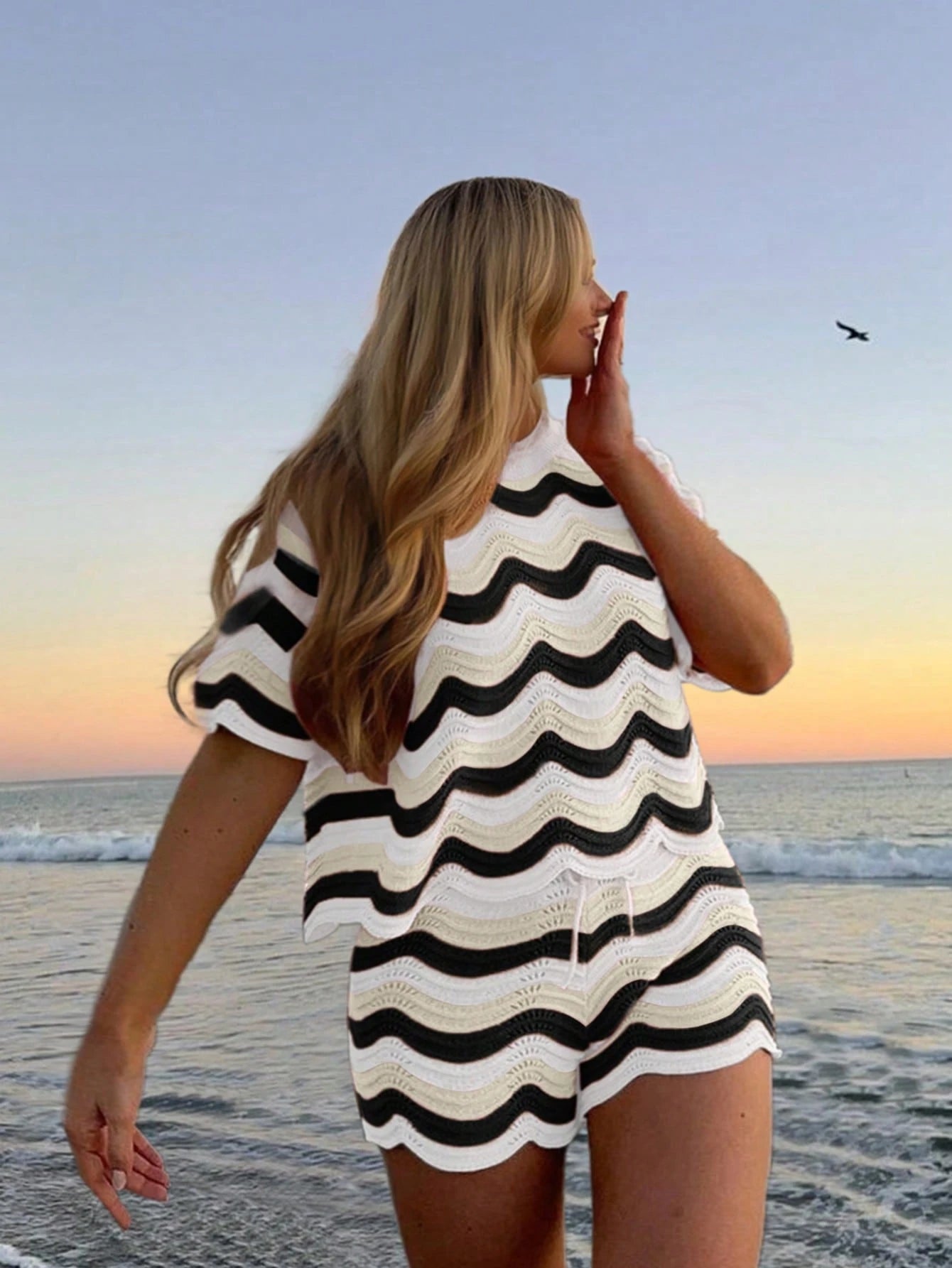 Women's Spring European And American Fashion Hollow Crochet Knit Short Sleeve Top And Casual Shorts Two Pieces Set, Plus Size Vacation Beach Summer