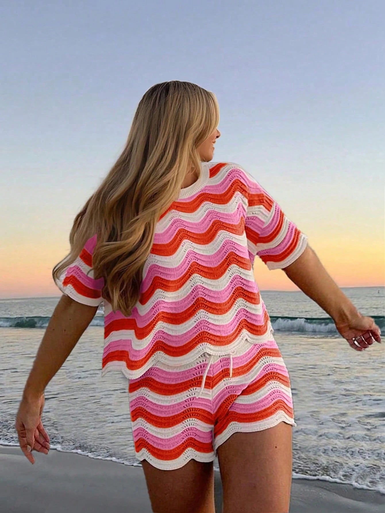 Women's Spring European And American Fashion Hollow Crochet Knit Short Sleeve Top And Casual Shorts Two Pieces Set, Plus Size Vacation Beach Summer, Resort Wear