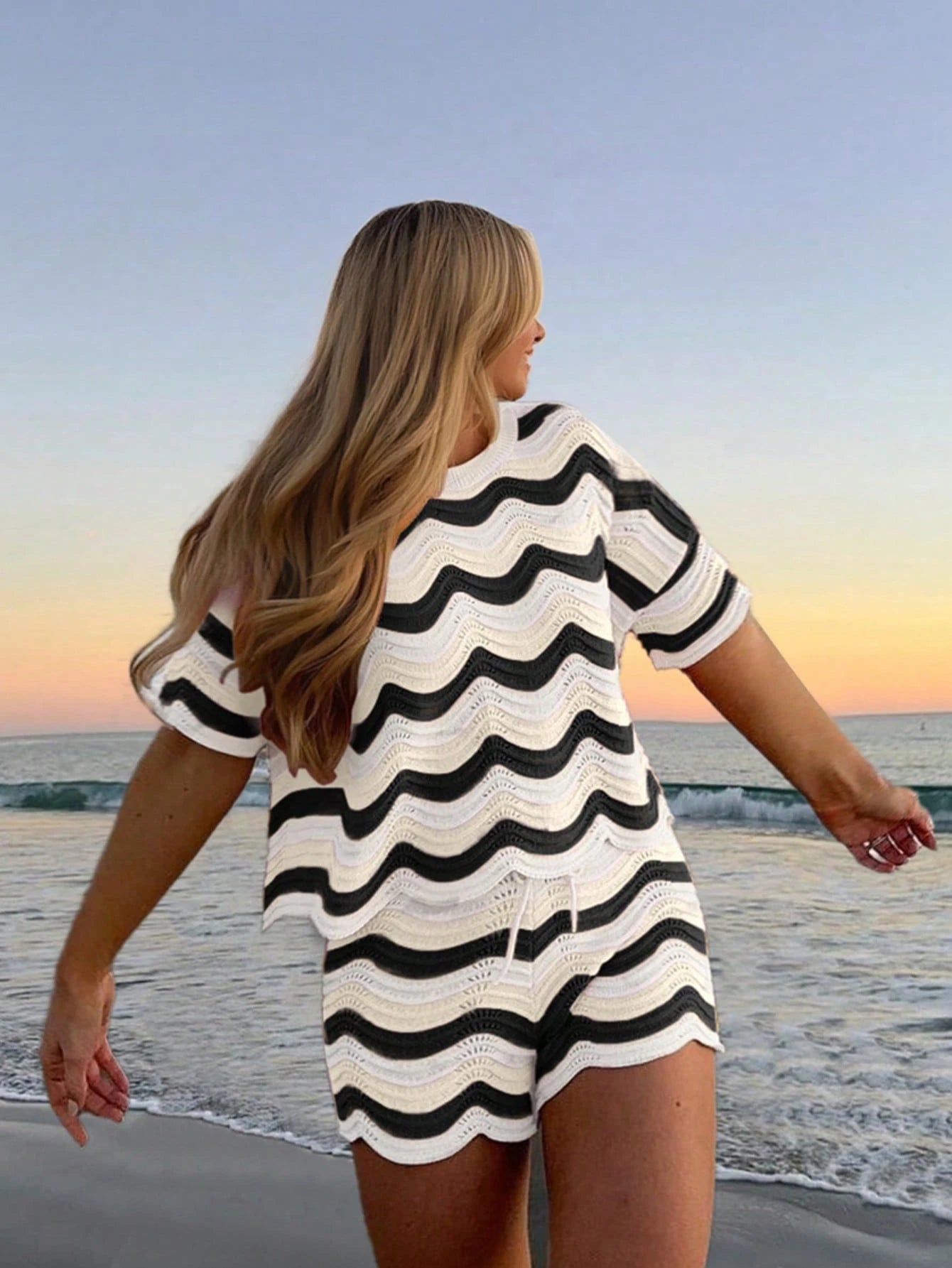 Women's Spring European And American Fashion Hollow Crochet Knit Short Sleeve Top And Casual Shorts Two Pieces Set, Plus Size Vacation Beach Summer