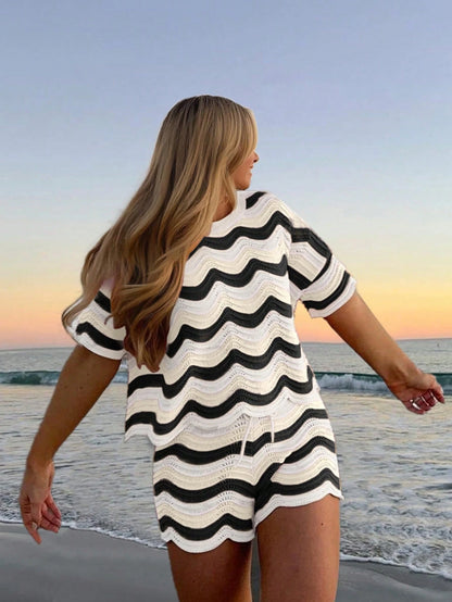 Women's Spring European And American Fashion Hollow Crochet Knit Short Sleeve Top And Casual Shorts Two Pieces Set, Plus Size Vacation Beach Summer