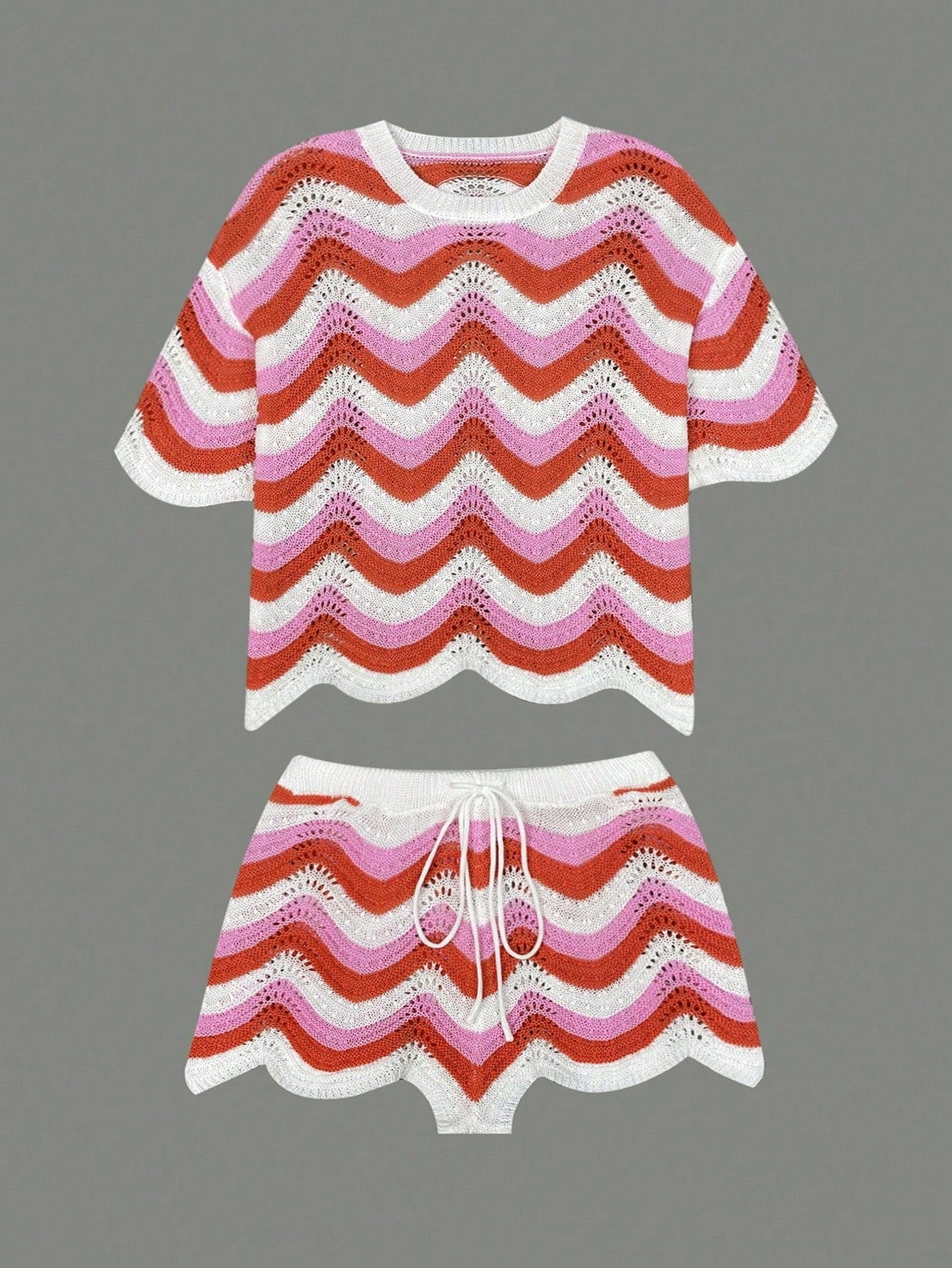 Women's Spring European And American Fashion Hollow Crochet Knit Short Sleeve Top And Casual Shorts Two Pieces Set, Plus Size Vacation Beach Summer, Resort Wear