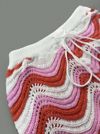Women's Spring European And American Fashion Hollow Crochet Knit Short Sleeve Top And Casual Shorts Two Pieces Set, Plus Size Vacation Beach Summer, Resort Wear