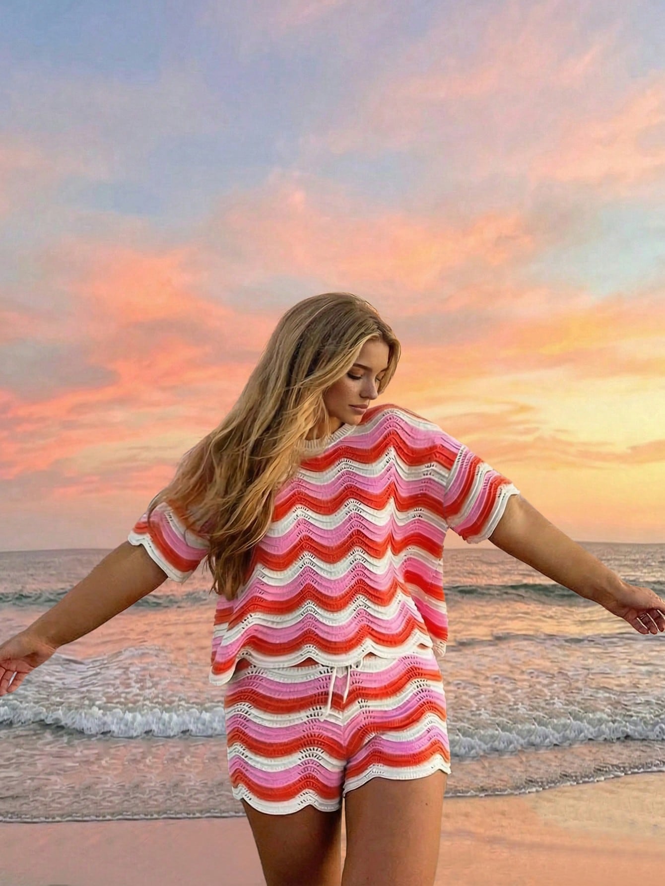 Women's Spring European And American Fashion Hollow Crochet Knit Short Sleeve Top And Casual Shorts Two Pieces Set, Plus Size Vacation Beach Summer, Resort Wear