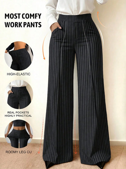 Women's Spring/Summer Elastic Thin Wide Leg Pants, Minimalist Solid Color With Pockets, Versatile For Office, Casual, Commuting And Sports, Flattering Leg-Shaping Long Trousers