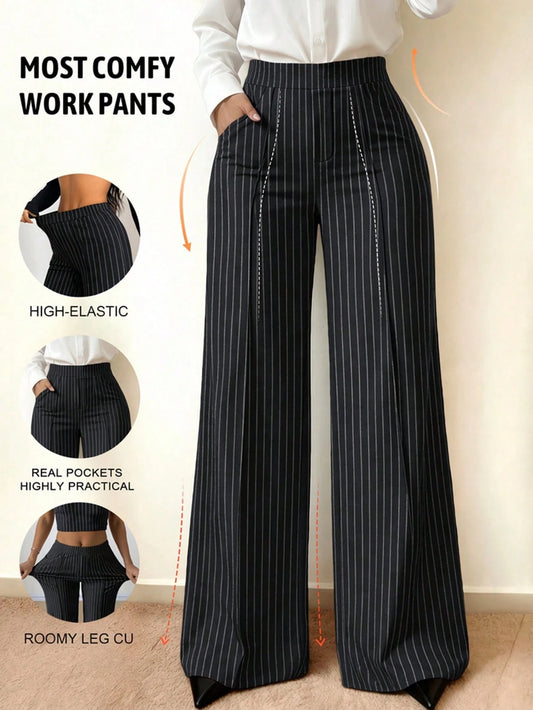 Women's Spring/Summer Elastic Thin Wide Leg Pants, Minimalist Solid Color With Pockets, Versatile For Office, Casual, Commuting And Sports, Flattering Leg-Shaping Long Trousers