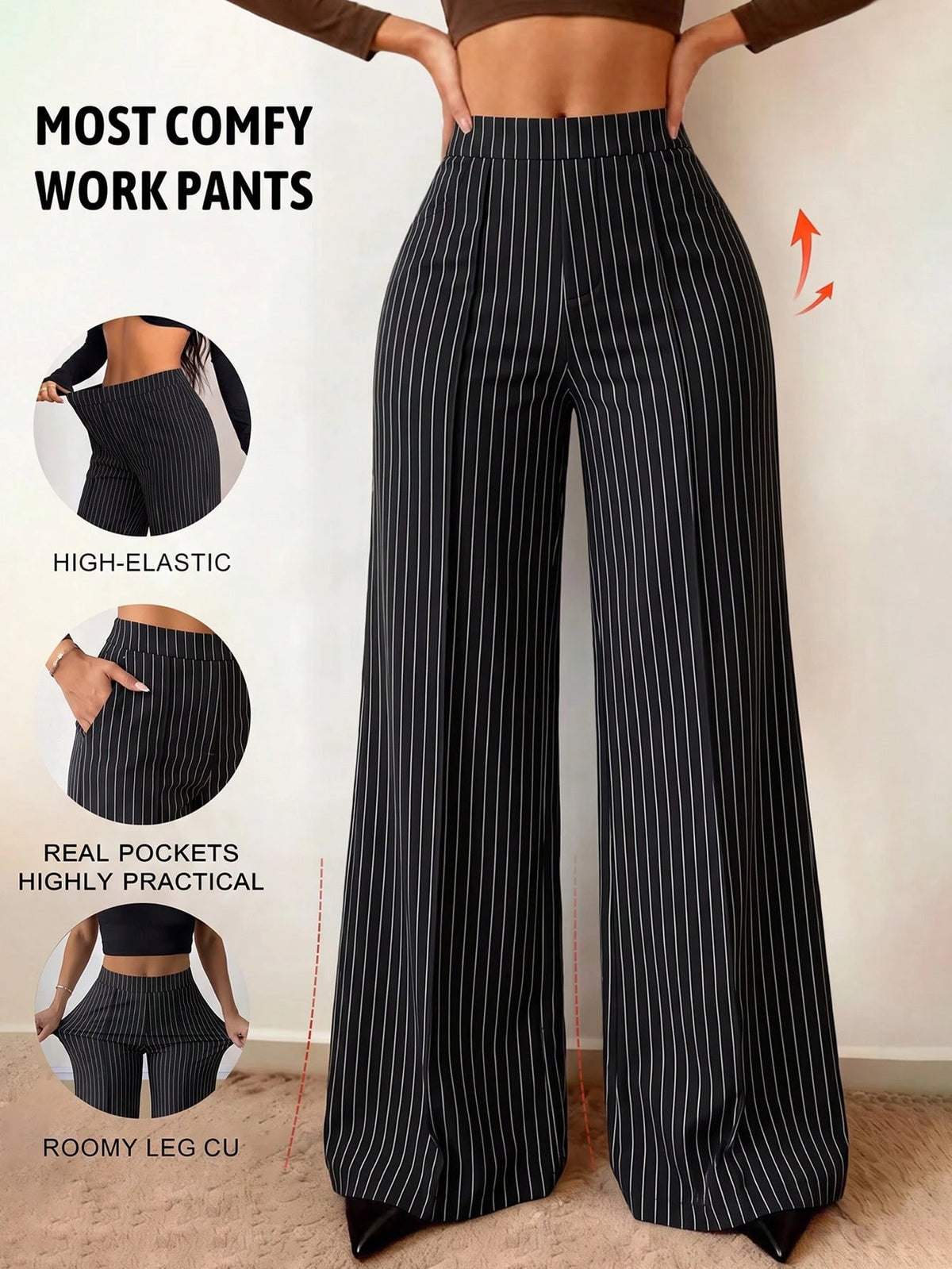 Women's Spring/Summer Elastic Thin Wide Leg Pants, Minimalist Solid Color With Pockets, Versatile For Office, Casual, Commuting And Sports, Flattering Leg-Shaping Long Trousers