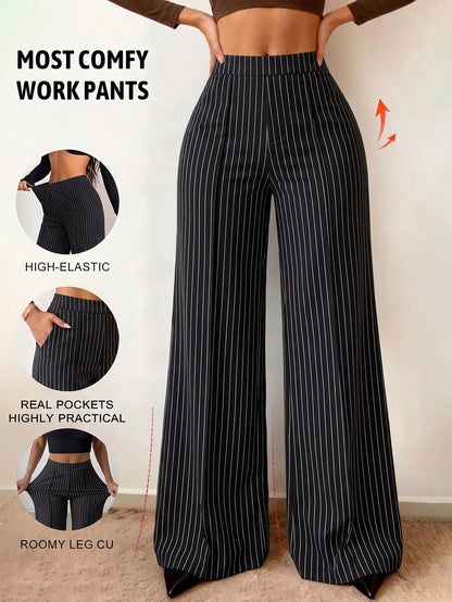 Women's Spring/Summer Elastic Thin Wide Leg Pants, Minimalist Solid Color With Pockets, Versatile For Office, Casual, Commuting And Sports, Flattering Leg-Shaping Long Trousers