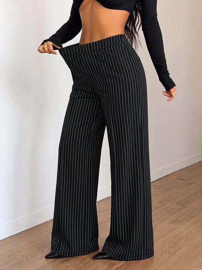 Women's Spring/Summer Elastic Thin Wide Leg Pants, Minimalist Solid Color With Pockets, Versatile For Office, Casual, Commuting And Sports, Flattering Leg-Shaping Long Trousers
