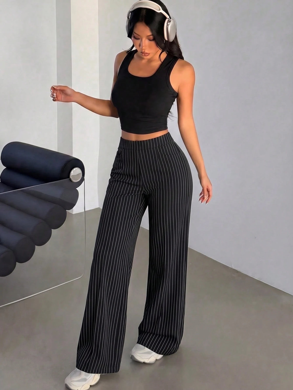 Women's Spring/Summer Elastic Thin Wide Leg Pants, Minimalist Solid Color With Pockets, Versatile For Office, Casual, Commuting And Sports, Flattering Leg-Shaping Long Trousers