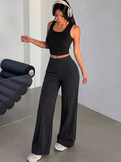 Women's Spring/Summer Elastic Thin Wide Leg Pants, Minimalist Solid Color With Pockets, Versatile For Office, Casual, Commuting And Sports, Flattering Leg-Shaping Long Trousers