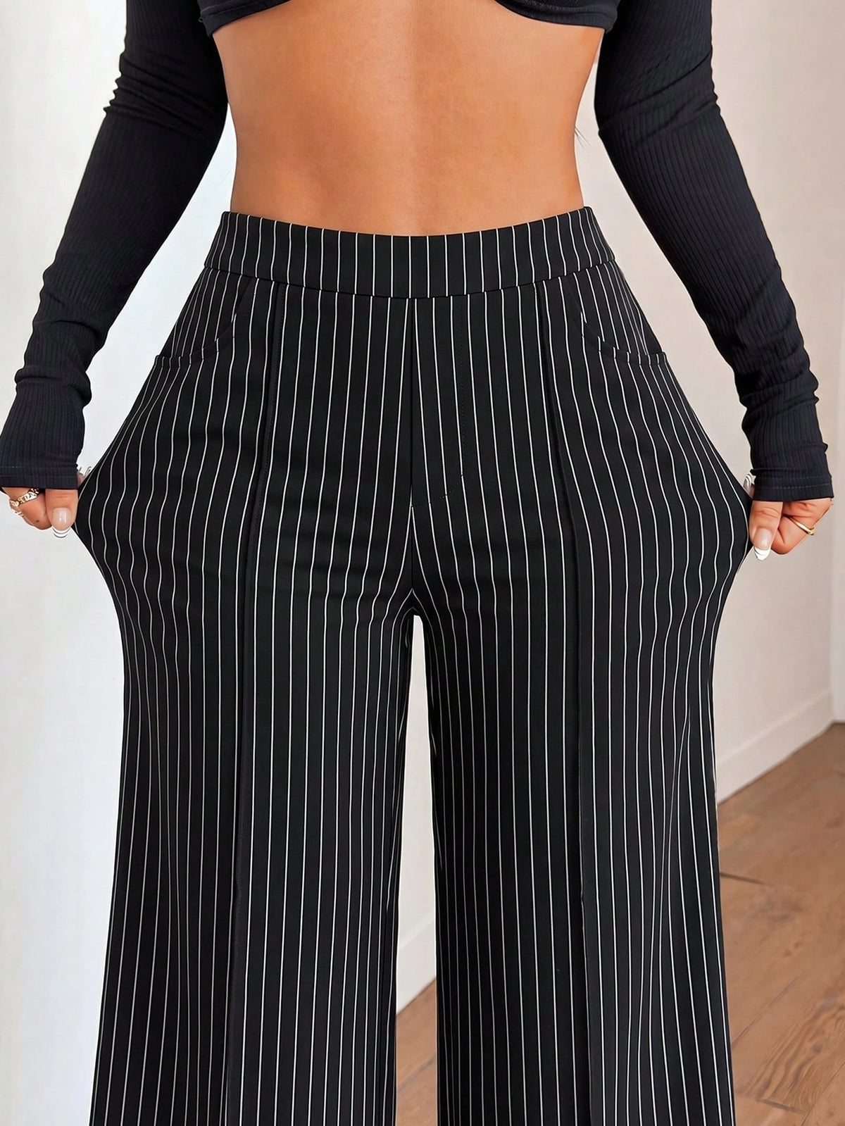 Women's Spring/Summer Elastic Thin Wide Leg Pants, Minimalist Solid Color With Pockets, Versatile For Office, Casual, Commuting And Sports, Flattering Leg-Shaping Long Trousers