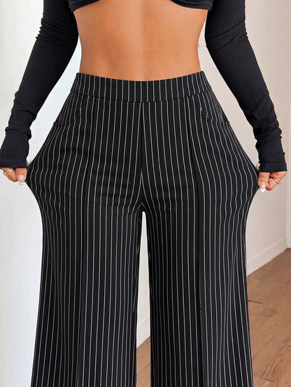 Women's Spring/Summer Elastic Thin Wide Leg Pants, Minimalist Solid Color With Pockets, Versatile For Office, Casual, Commuting And Sports, Flattering Leg-Shaping Long Trousers