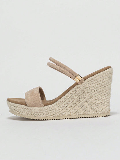 Women's Straw Sandals, Vacation Faux Suede Wedge Slip-On Slippers