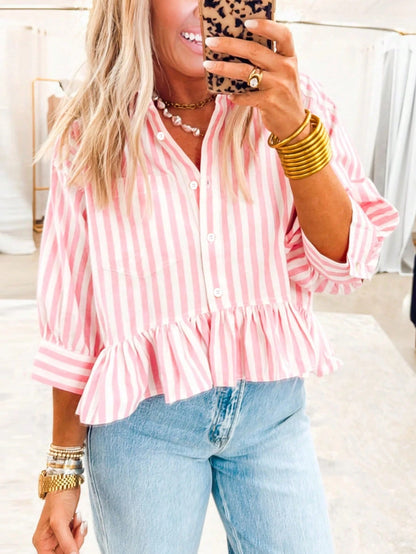 Women's Striped Shirt, Casual Vacation Front Button Loose Blouse, Spring/Summer Pink