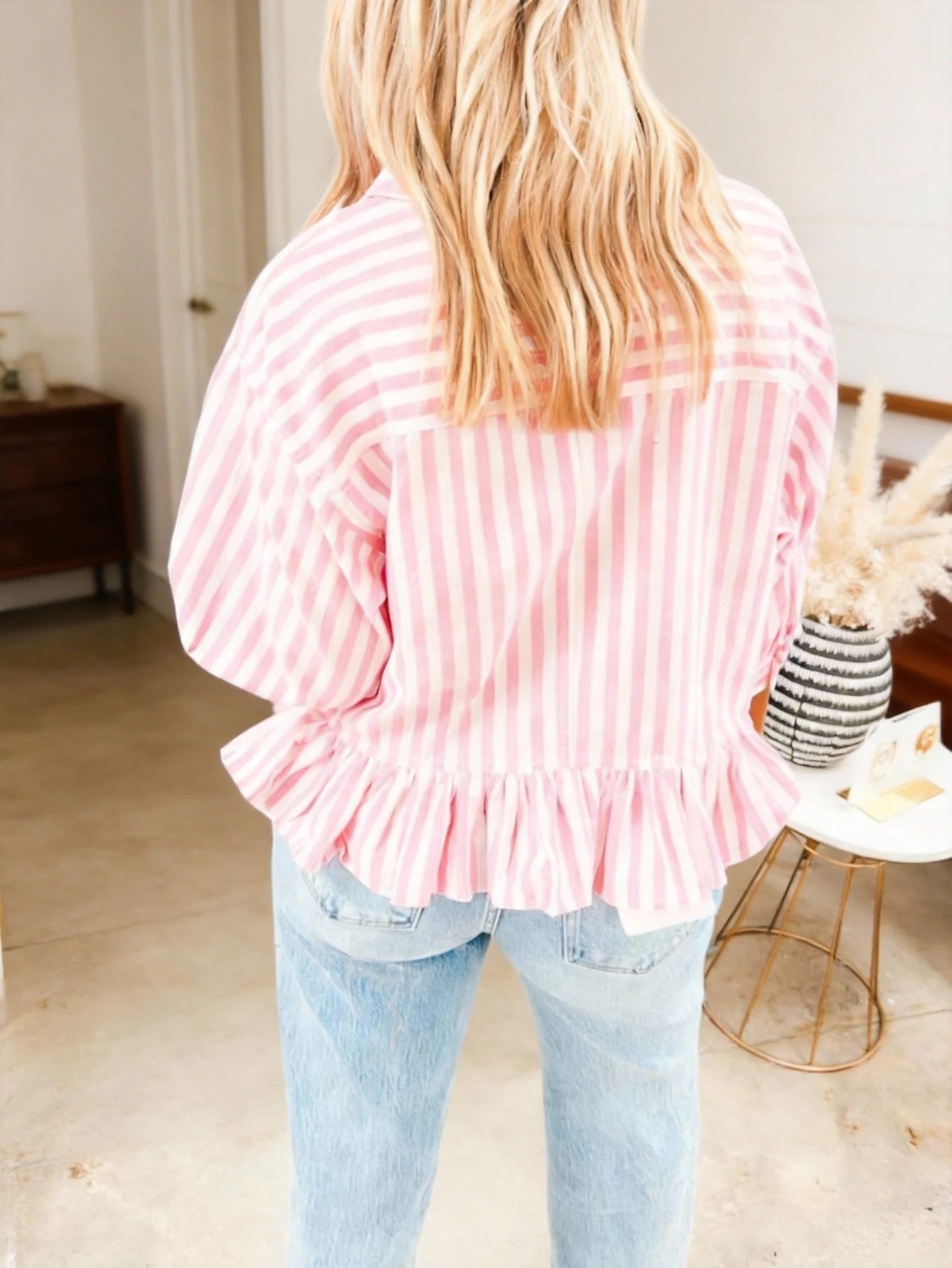 Women's Striped Shirt, Casual Vacation Front Button Loose Blouse, Spring/Summer Pink