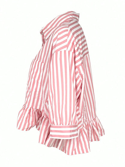 Women's Striped Shirt, Casual Vacation Front Button Loose Blouse, Spring/Summer Pink