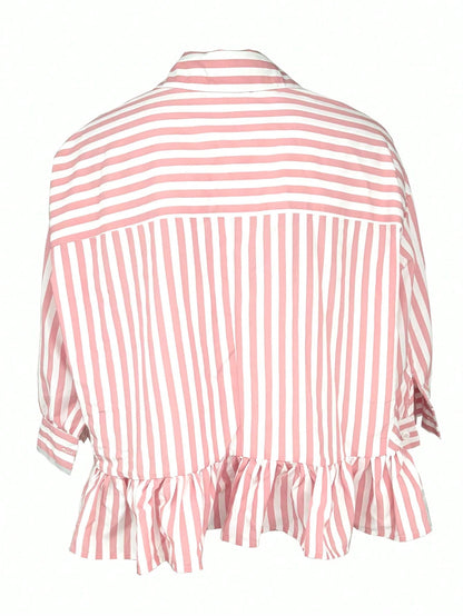 Women's Striped Shirt, Casual Vacation Front Button Loose Blouse, Spring/Summer Pink