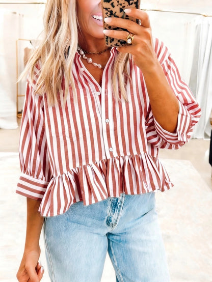 Women's Striped Shirt, Casual Vacation Front Button Loose Blouse, Spring/Summer Pink