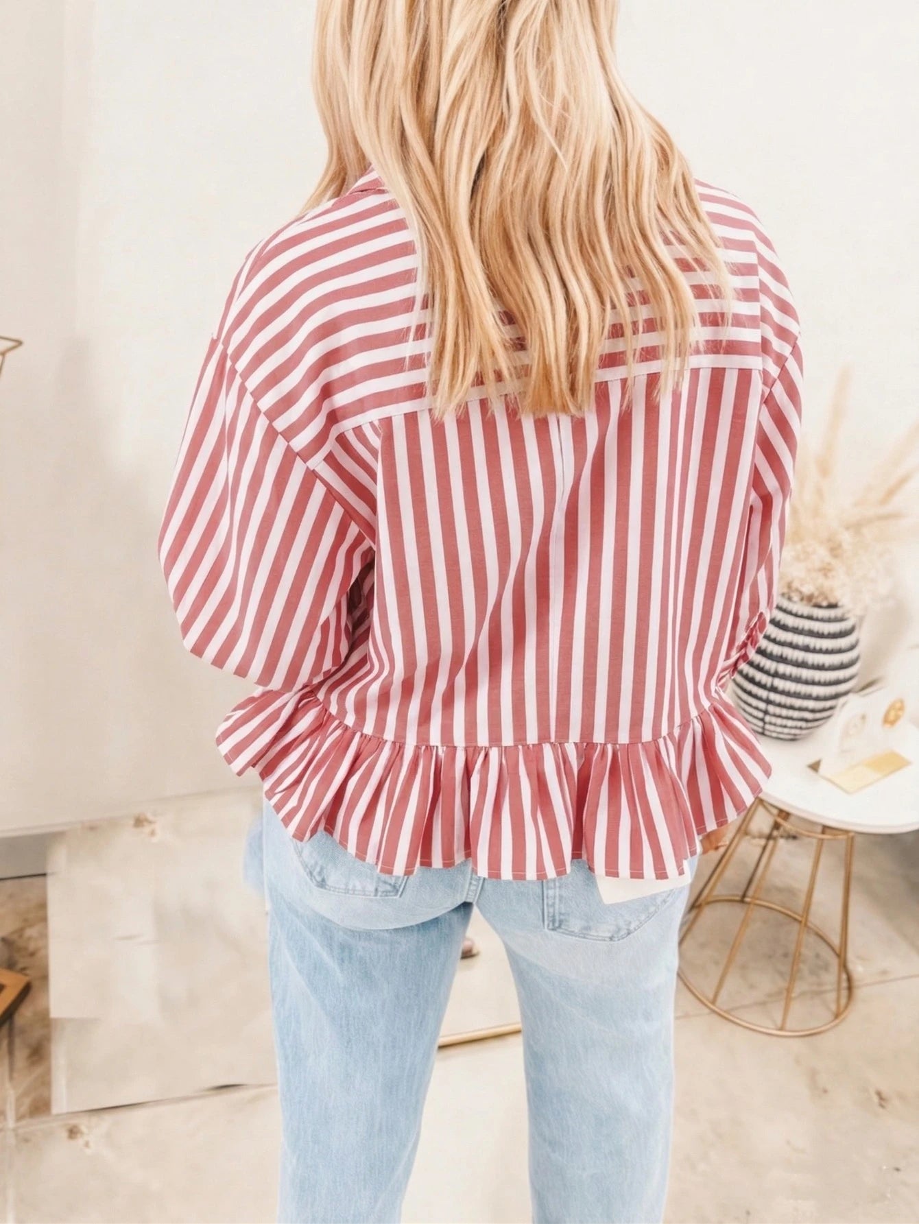 Women's Striped Shirt, Casual Vacation Front Button Loose Blouse, Spring/Summer Pink