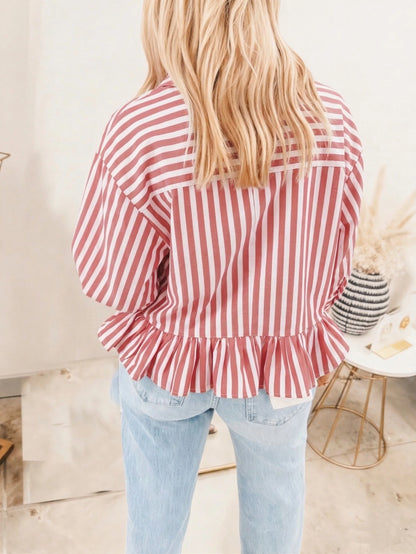 Women's Striped Shirt, Casual Vacation Front Button Loose Blouse, Spring/Summer Pink