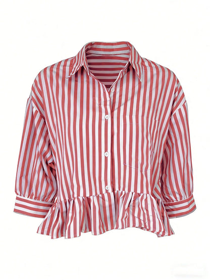 Women's Striped Shirt, Casual Vacation Front Button Loose Blouse, Spring/Summer Pink
