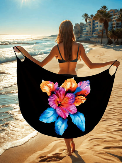 Women's Summer Beach Cover Up Dress, Black Base Colorful Gradient Hibiscus Floral Beach Sarong Dress, Vacation Style Lightweight Bikini Wrap Dress
