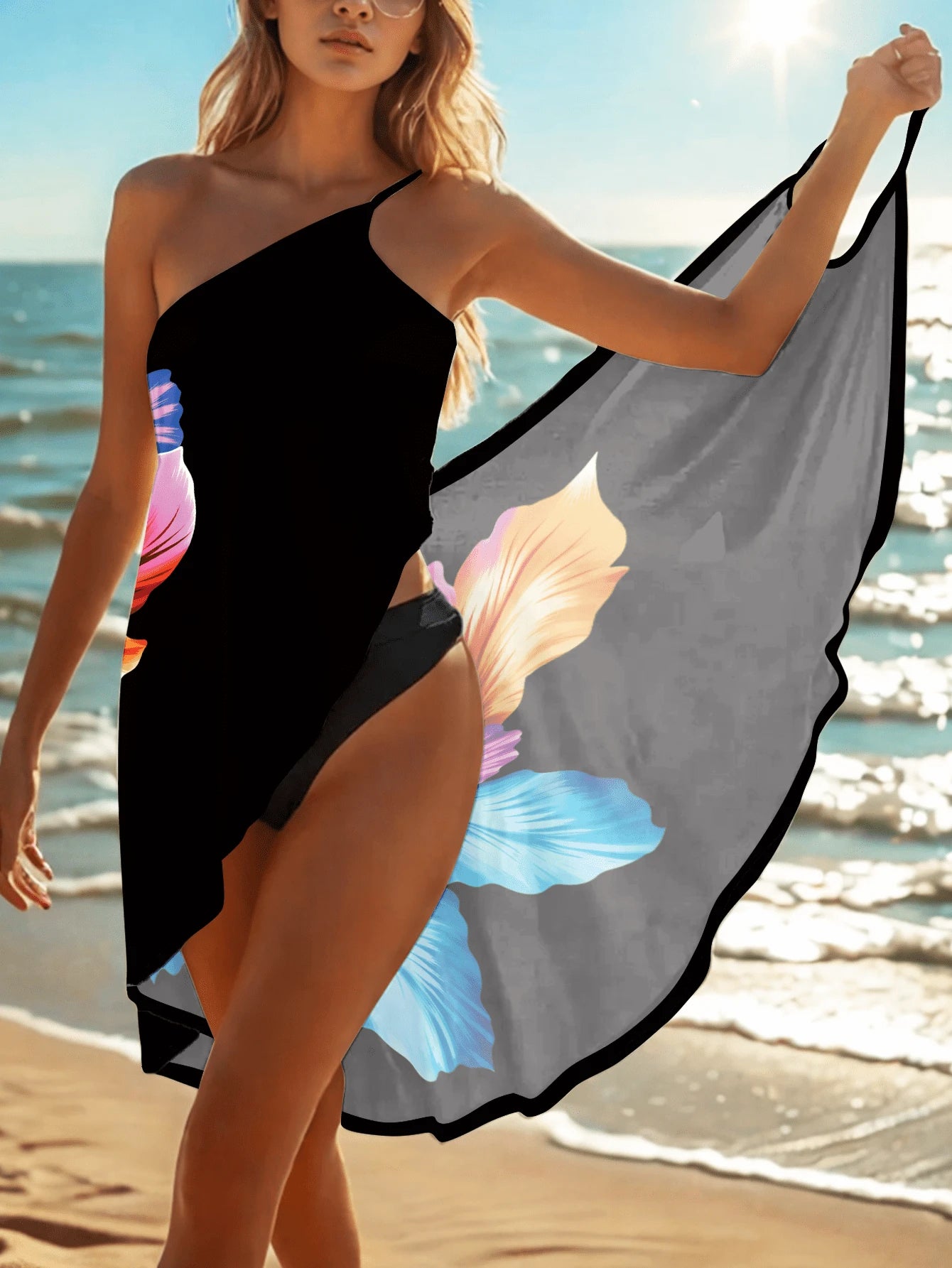 Women's Summer Beach Cover Up Dress, Black Base Colorful Gradient Hibiscus Floral Beach Sarong Dress, Vacation Style Lightweight Bikini Wrap Dress