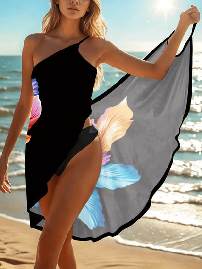 Women's Summer Beach Cover Up Dress, Black Base Colorful Gradient Hibiscus Floral Beach Sarong Dress, Vacation Style Lightweight Bikini Wrap Dress