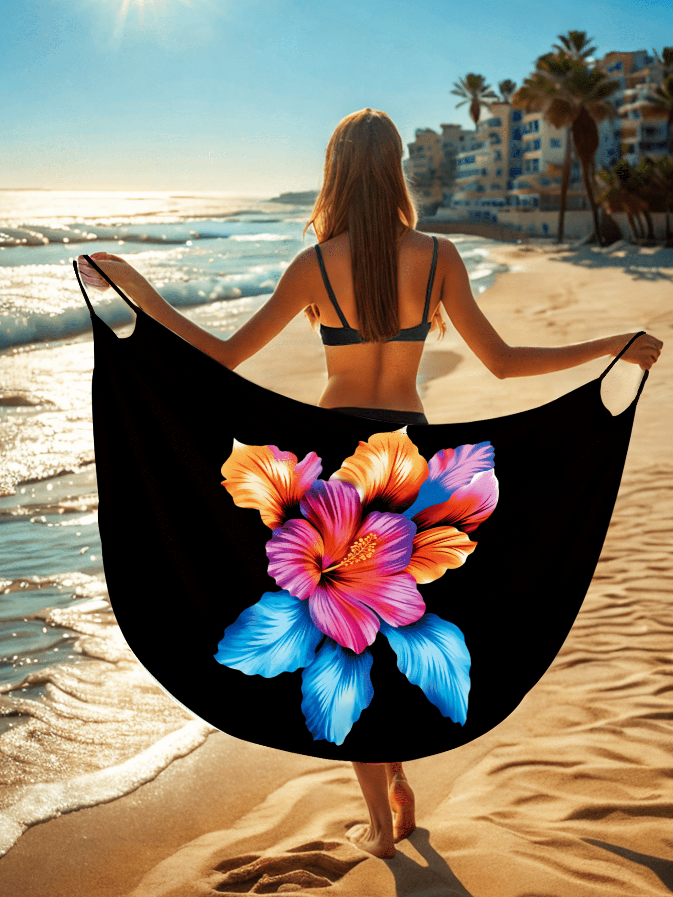 Women's Summer Beach Cover Up Dress, Black Base Colorful Gradient Hibiscus Floral Beach Sarong Dress, Vacation Style Lightweight Bikini Wrap Dress
