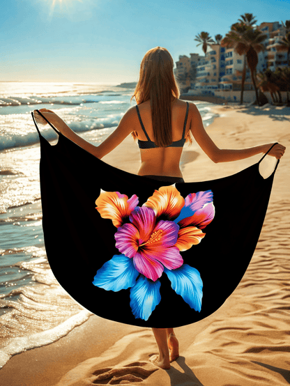 Women's Summer Beach Cover Up Dress, Black Base Colorful Gradient Hibiscus Floral Beach Sarong Dress, Vacation Style Lightweight Bikini Wrap Dress
