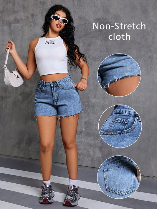 Women's Summer Casual Blue Washed Denim Shorts, Straight Leg, Frayed Hem, With Pockets And Zipper, Non-Stretch Fabric, Suitable For Summer Outfits