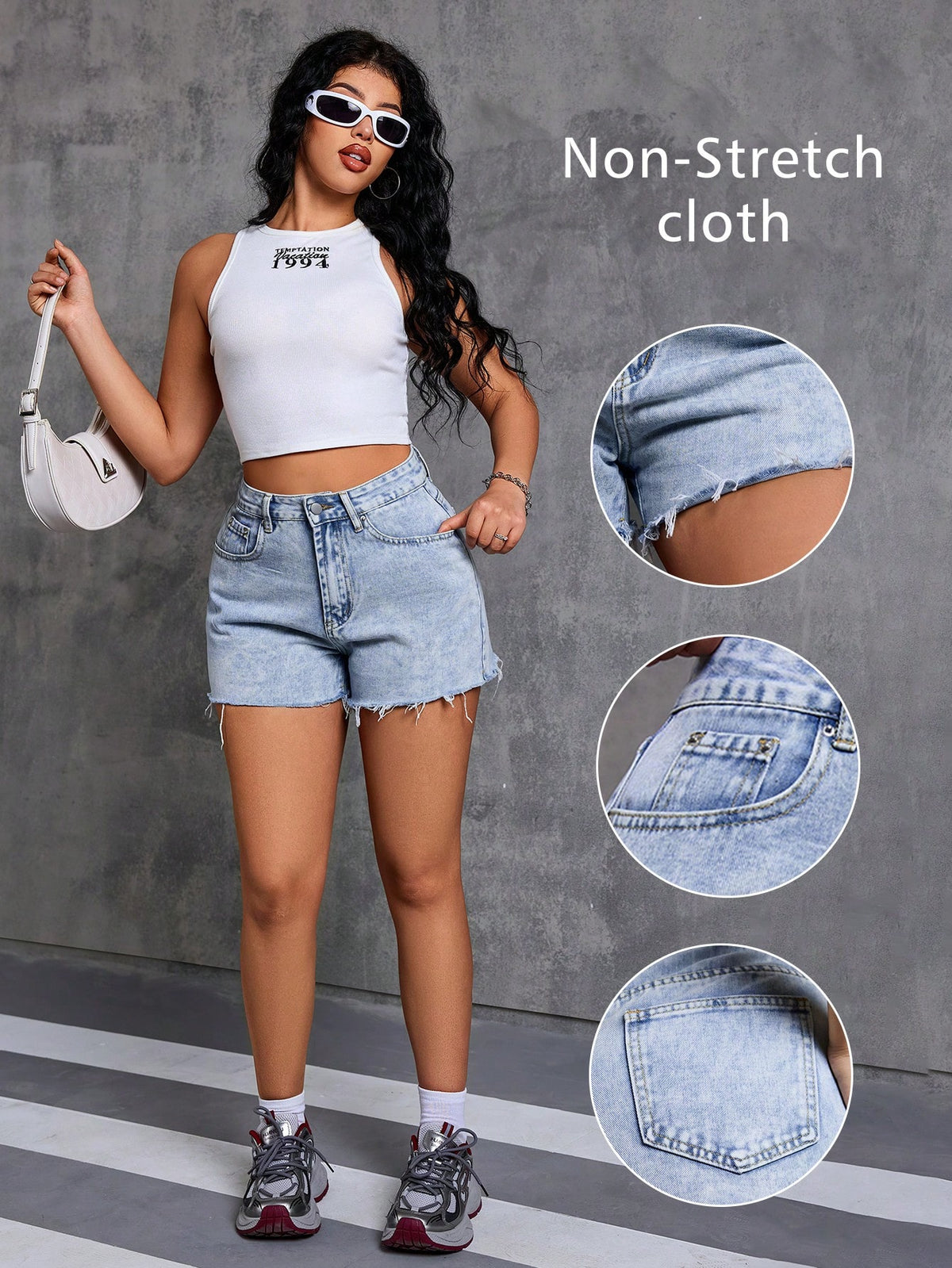 Women's Summer Casual Blue Washed Denim Shorts, Straight Leg, Frayed Hem, With Pockets And Zipper, Non-Stretch Fabric, Suitable For Summer Outfits