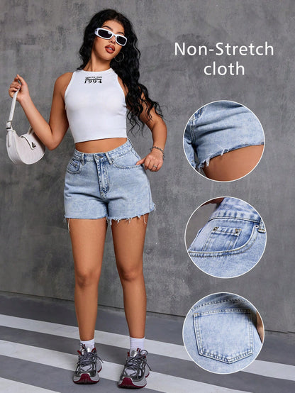 Women's Summer Casual Blue Washed Denim Shorts, Straight Leg, Frayed Hem, With Pockets And Zipper, Non-Stretch Fabric, Suitable For Summer Outfits