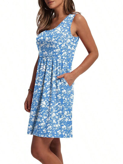 Women's Summer Dress 2026 A-Line Sleeveless Casual Sundress With Pockets Floral/Solid