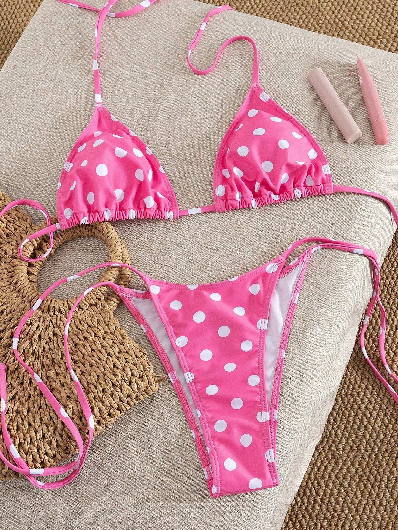 Women's Summer Outfit, Pink Polka Dot Print Sexy Bikini Set, Halter Neck Backless And Side Tie Bottoms, Made Of Breathable Stretchy Fabric, Suitable For Parties, Music Festivals, Valentine's Day; Wome