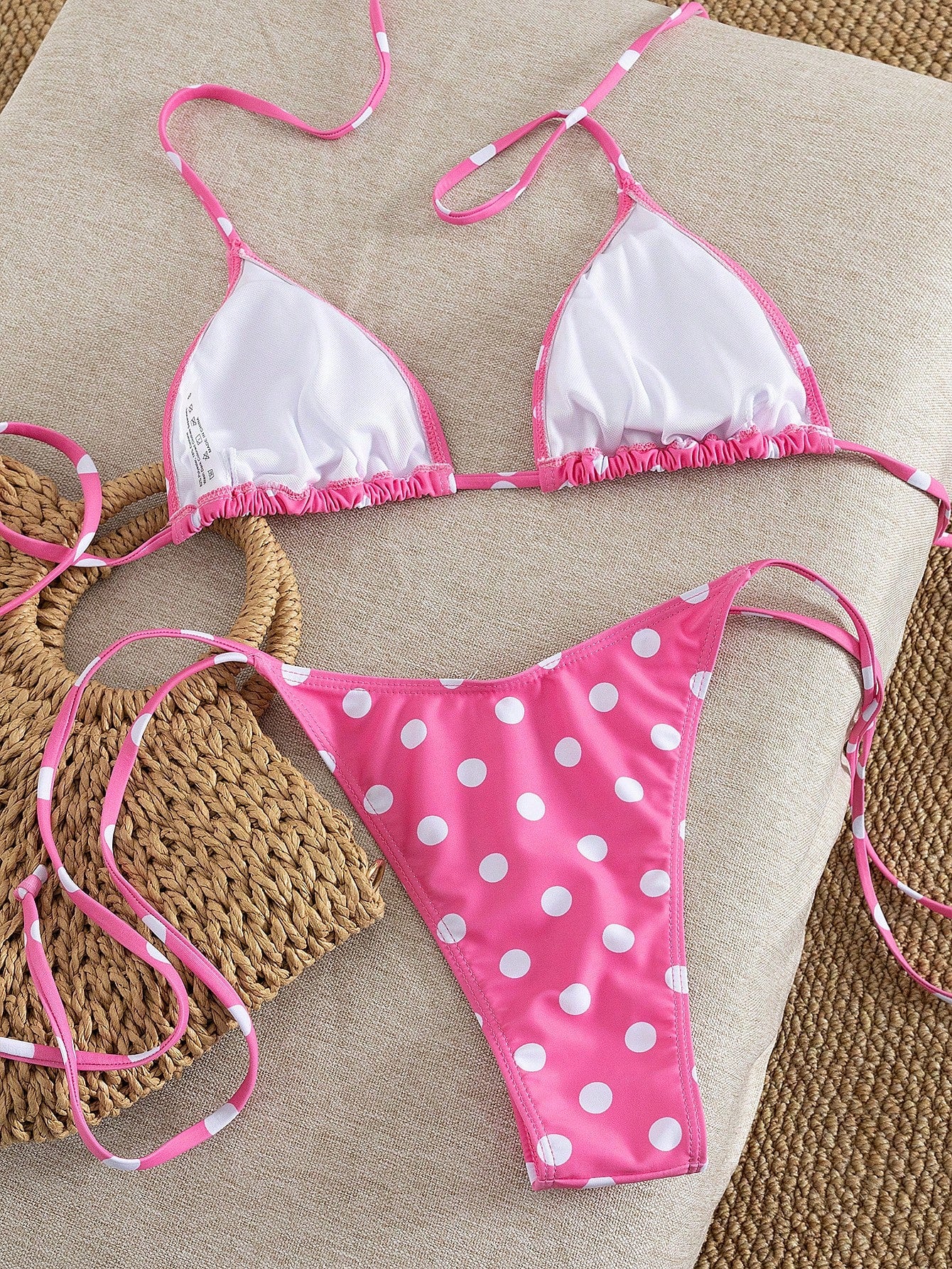 Women's Summer Outfit, Pink Polka Dot Print Sexy Bikini Set, Halter Neck Backless And Side Tie Bottoms, Made Of Breathable Stretchy Fabric, Suitable For Parties, Music Festivals, Valentine's Day; Wome