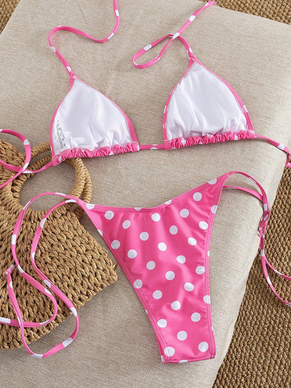 Women's Summer Outfit, Pink Polka Dot Print Sexy Bikini Set, Halter Neck Backless And Side Tie Bottoms, Made Of Breathable Stretchy Fabric, Suitable For Parties, Music Festivals, Valentine's Day; Wome