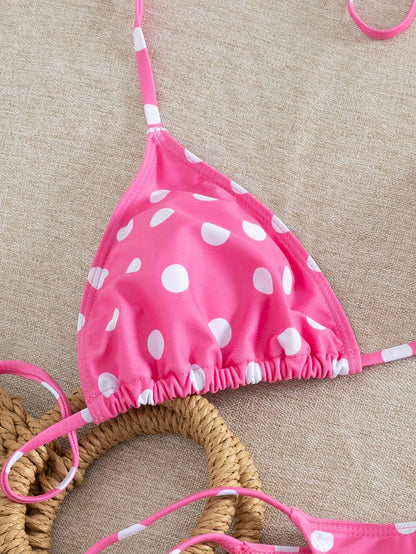 Women's Summer Outfit, Pink Polka Dot Print Sexy Bikini Set, Halter Neck Backless And Side Tie Bottoms, Made Of Breathable Stretchy Fabric, Suitable For Parties, Music Festivals, Valentine's Day; Wome