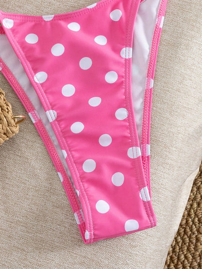 Women's Summer Outfit, Pink Polka Dot Print Sexy Bikini Set, Halter Neck Backless And Side Tie Bottoms, Made Of Breathable Stretchy Fabric, Suitable For Parties, Music Festivals, Valentine's Day; Wome