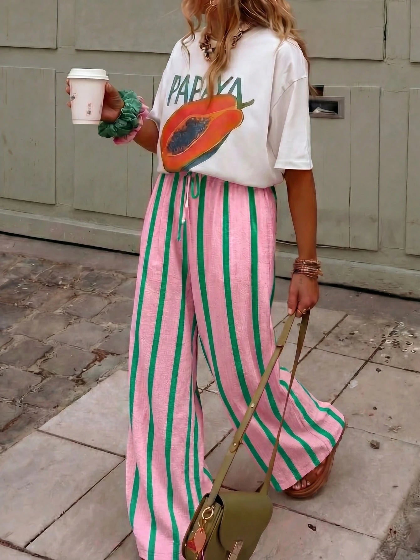 Women's Summer Pink Striped Wide Leg Pants, High Waist Casual Loose Beach Pants, Bohemian Style Pink Vertical Striped Straight Leg Long Pants, Resort Wear