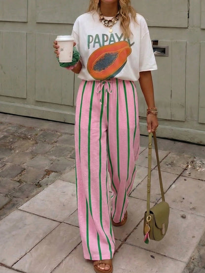 Women's Summer Pink Striped Wide Leg Pants, High Waist Casual Loose Beach Pants, Bohemian Style Pink Vertical Striped Straight Leg Long Pants, Resort Wear