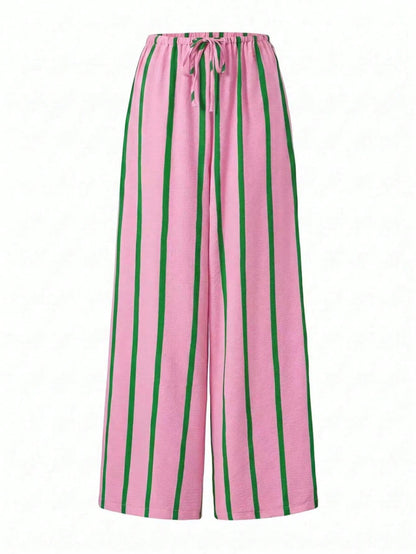 Women's Summer Pink Striped Wide Leg Pants, High Waist Casual Loose Beach Pants, Bohemian Style Pink Vertical Striped Straight Leg Long Pants, Resort Wear
