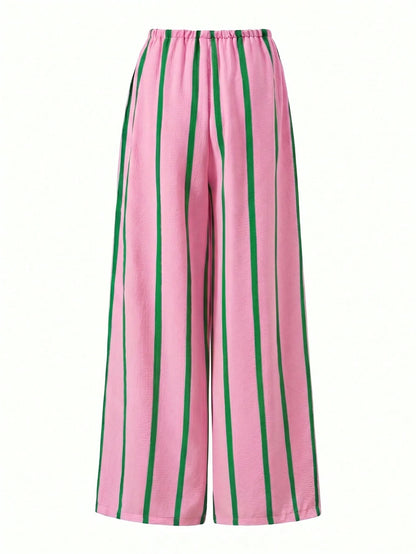Women's Summer Pink Striped Wide Leg Pants, High Waist Casual Loose Beach Pants, Bohemian Style Pink Vertical Striped Straight Leg Long Pants, Resort Wear