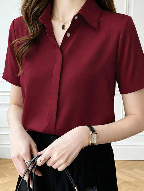 Women's Summer Silk Short Sleeve Designed Chic Hong Kong Style Satin Blouse