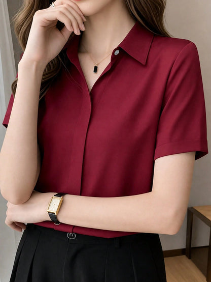 Women's Summer Silk Short Sleeve Designed Chic Hong Kong Style Satin Blouse
