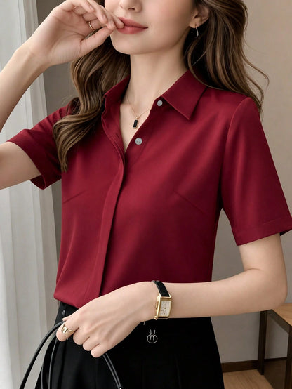 Women's Summer Silk Short Sleeve Designed Chic Hong Kong Style Satin Blouse