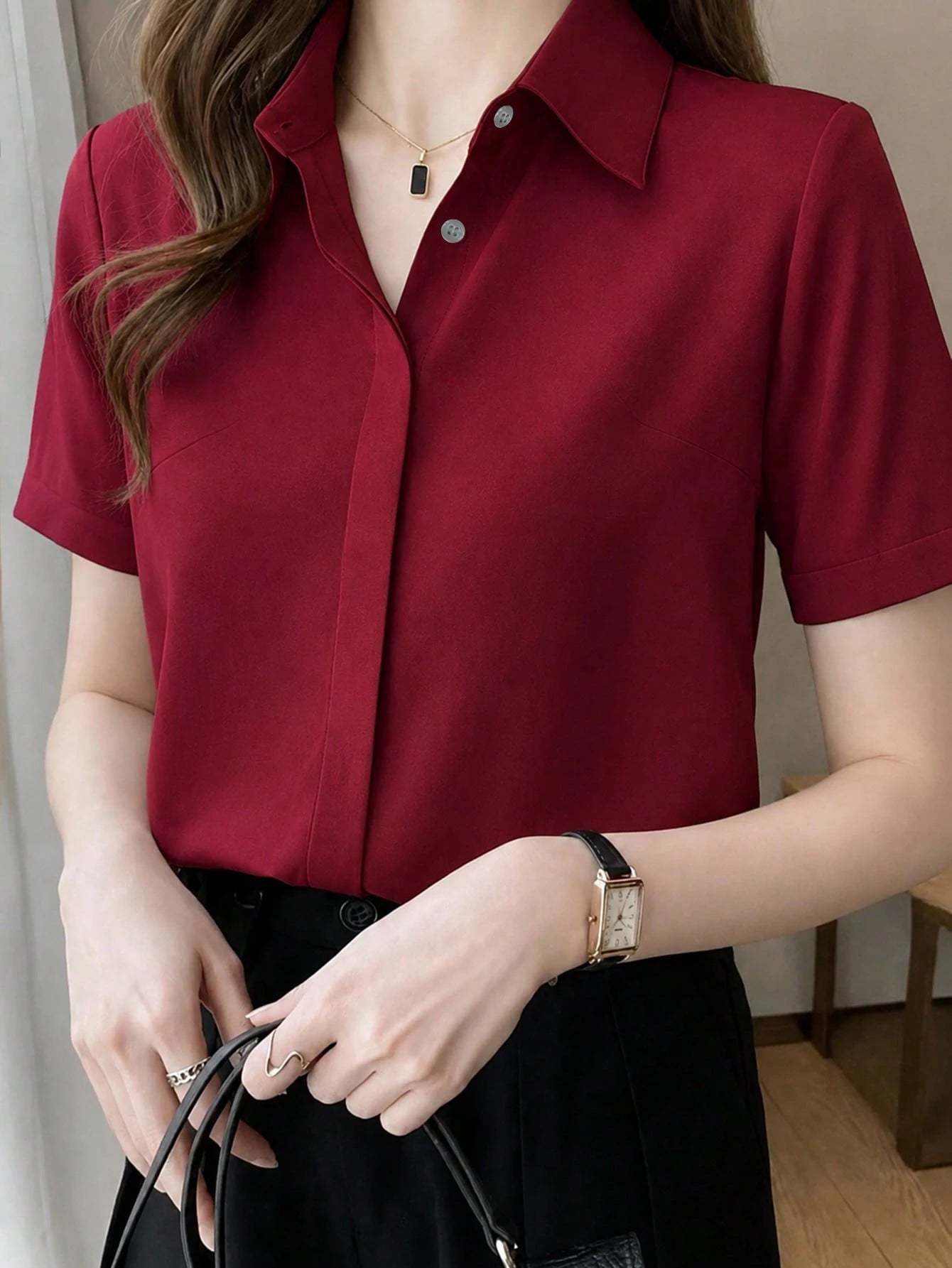 Women's Summer Silk Short Sleeve Designed Chic Hong Kong Style Satin Blouse