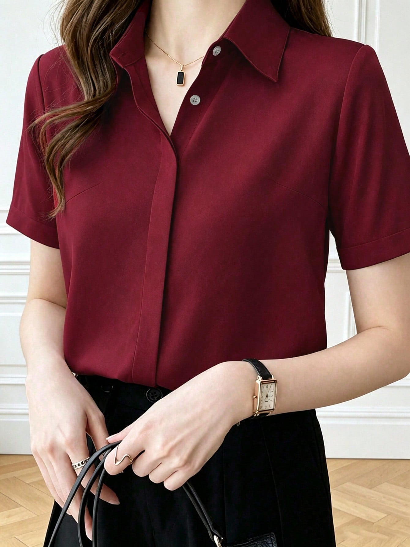 Women's Summer Silk Short Sleeve Designed Chic Hong Kong Style Satin Blouse