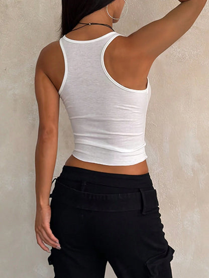 Women's Summer White Letter Print Sexy Tank Top, Basic Casual, Suitable For Dating, Gathering, Party, Travel, Vacation, Beach