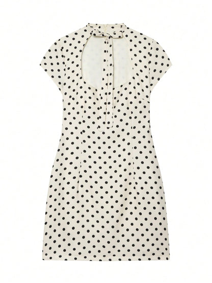 Women's Sweet Square Neck Short Sleeve Mini Dress With Bow, Spring/Summer Travel Outfit